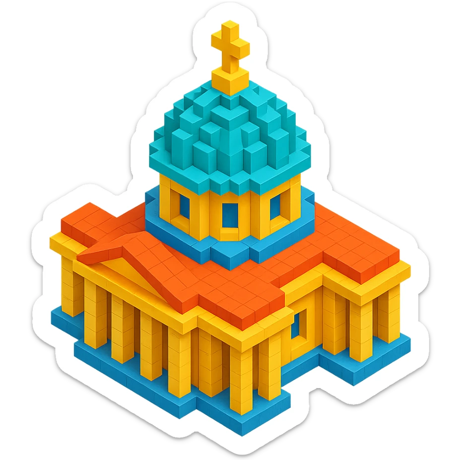 Kazan Cathedral of Saint Petersburg, classic architecture, large central dome, colonnade, isometric view sticker