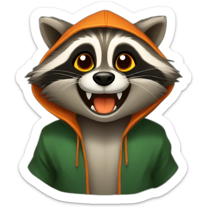 brown raccoon with orange eyes and a dark green hood that is laughing sticker