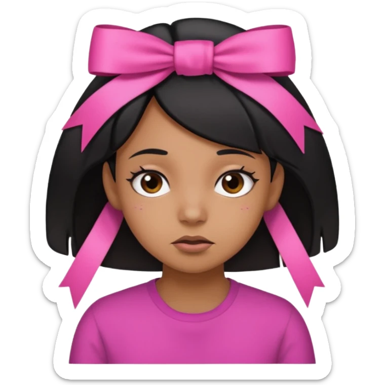 Brown girl with the hairl black  with a stress facial expression and a Pink ribbon in the hair  sticker
