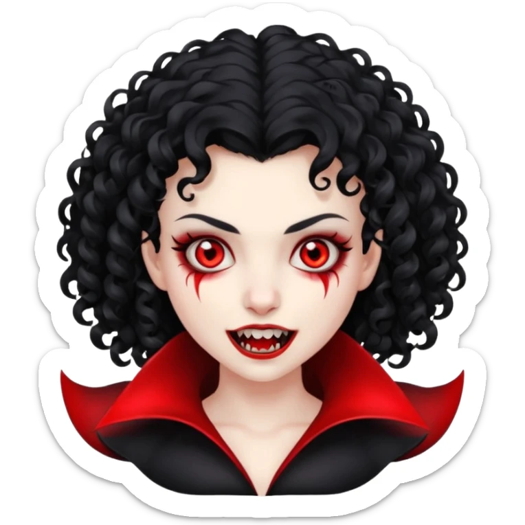 vampiro, cabelos cacheados pretos, pele pálida, olhos vermelhos, sexo feminino sticker