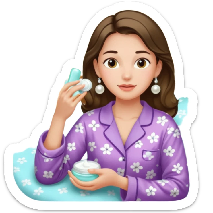 Clean girl aesthetic emoticons, apply skincare products, pearl earrings, glowing skin, pajamas, soft lighting sticker