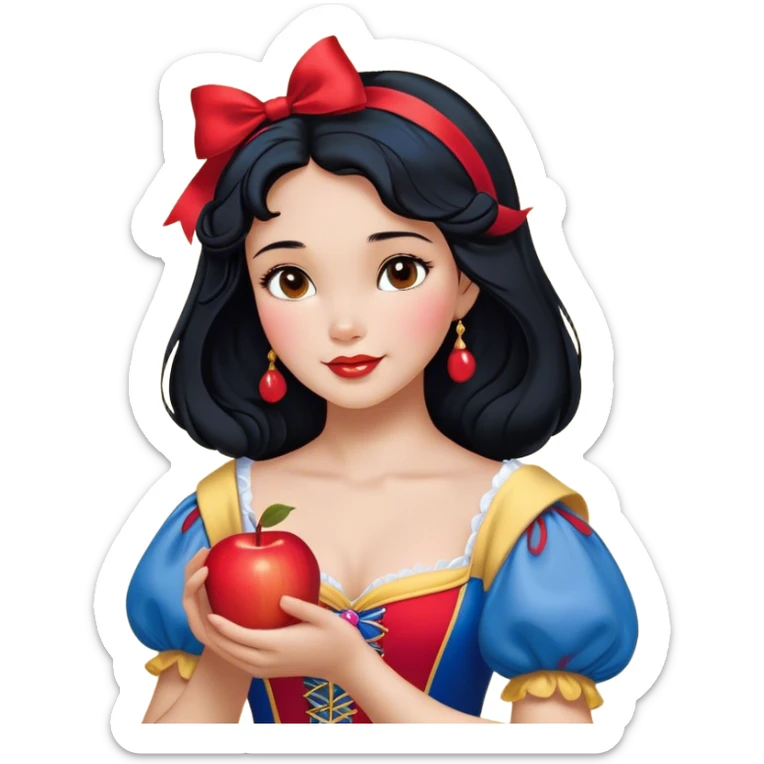 Cinematic Realistic Snow White Portrait, depicted with lifelike skin texture, soft natural lighting, and intricately detailed black hair styled with a red ribbon. Her soft brown eyes radiate innocence and kindness, complemented by a warm, gentle smile. She holds an apple in one hand, her other hand resting against her cheek, embodying her purity and charm. She is dressed in her classic yellow, blue, and red gown, the fabric rich in texture with delicate folds that catch the light beautifully. The portrait features a soft, natural glow with a radiant finish, capturing the essence of timeless beauty in a realistic and painterly style. sticker