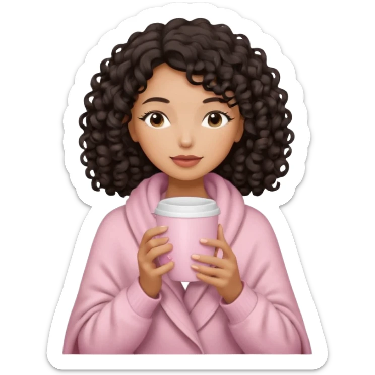 woman with medium tan sand tone, black mid length 3b curls, closed eyes, feminine face, holding soft pink coffee cup with beige blanket over shoulders sticker