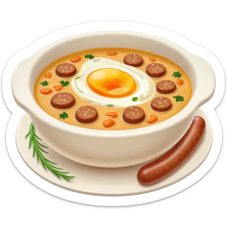 Cinematic Realistic ≈ªurek Soup Dish Emoji, depicted as a tangy, creamy rye soup with sausage and egg rendered with detailed textures and warm, comforting lighting. sticker