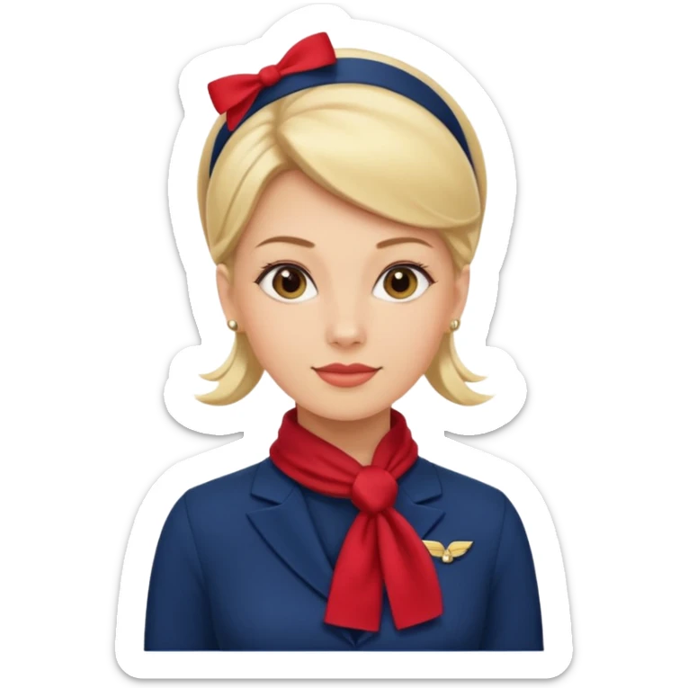 azafata de vuelo rubia, con el pelo recogido y un vestido azul marino, liso con un pañuelo de color rojo sticker