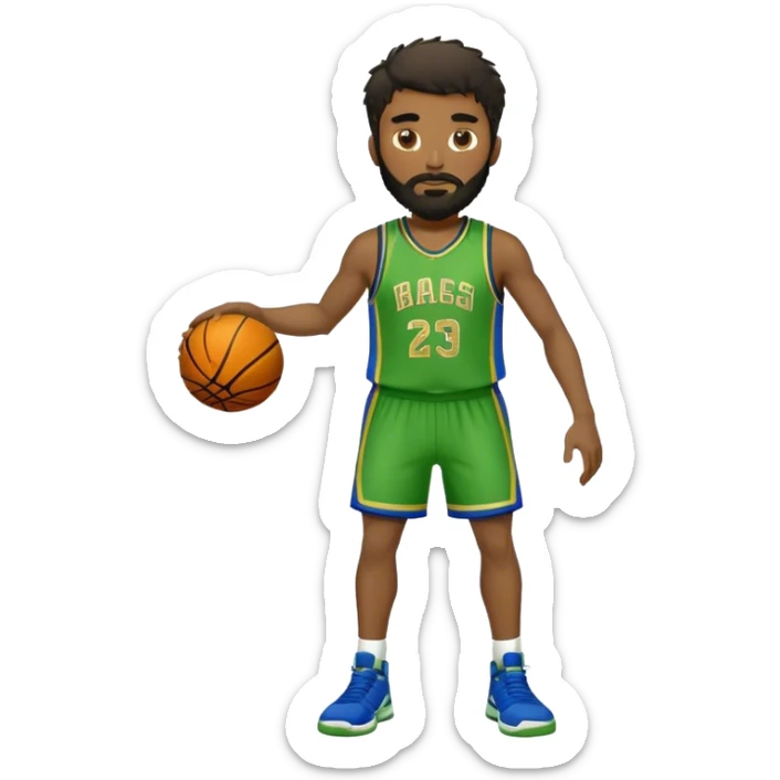 Full Body  white male basketball player with short shaggy dark hair and gold tee beard wearing blue and green uniform sticker