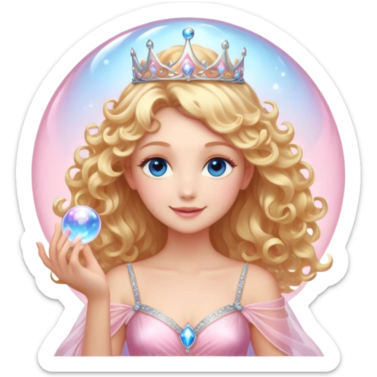 Elegant fairy with golden-blonde curls, a delicate silver crown, and sparkling blue eyes. She wears a shimmering light pink gown with a layered, ethereal design. Surrounded by a glowing, translucent pink bubble, radiating warmth and magic, with a bright, confident smile. sticker