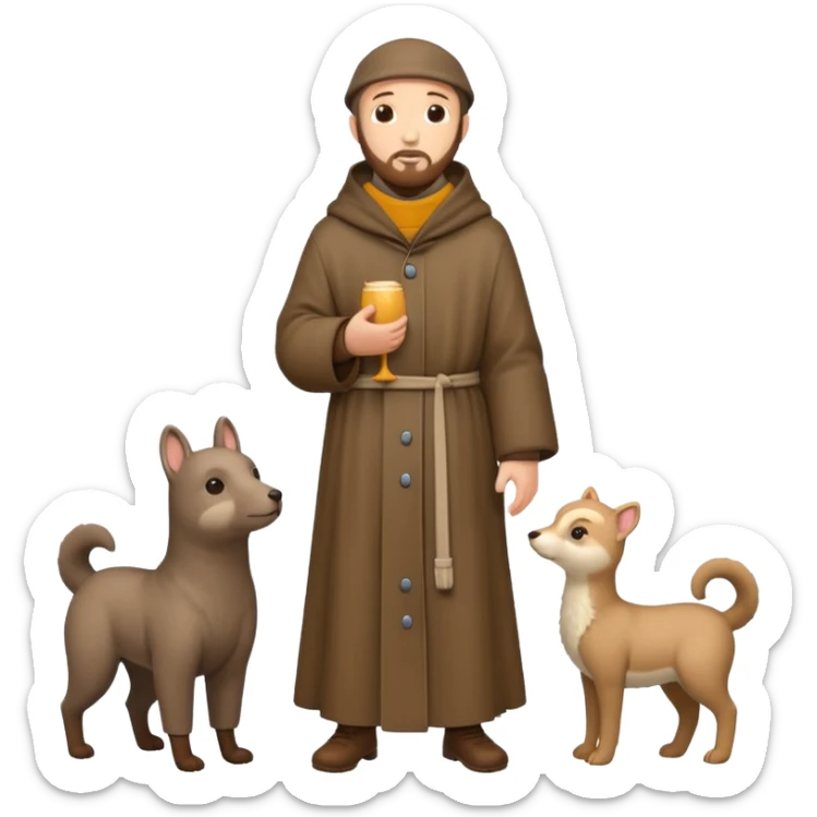 create a full body shot of Saint Francis of Assisi cartoon modern type with animals during the winter, background, to be used as an AI crfreation in HeyGen.com, please create a winter background sticker