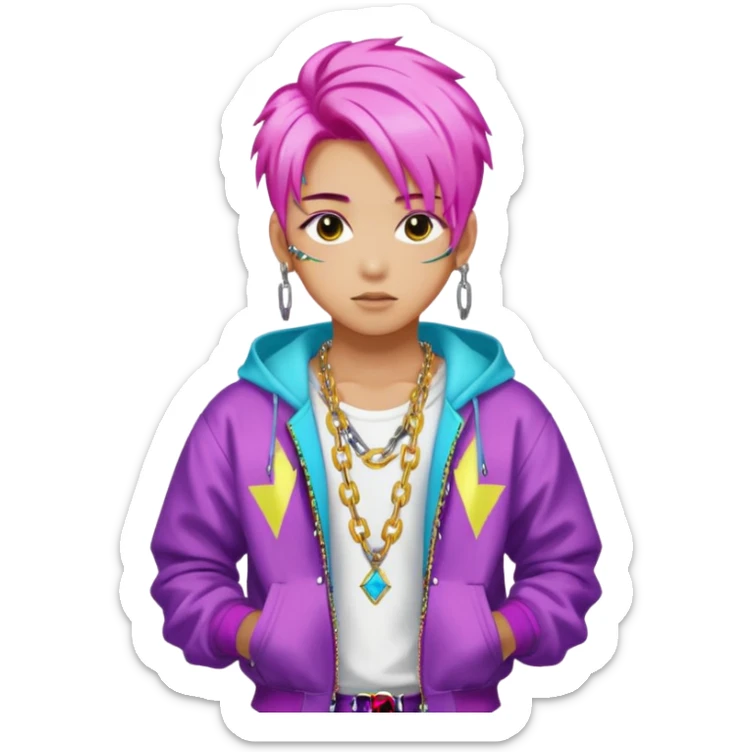 portrait of young idol in Kpop style, wearing flashy streetwear outfit, colorful dyed hair, confident pose, accessorized with chains  sticker
