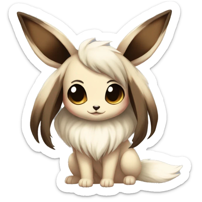 Kawaii Pale Shiny Eevee with dark brown long emo hair covering her eyes Full Body sticker