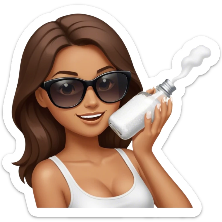 sassy woman with long brown hair, tan skin, and dark sunglasses holding a salt shaker filled with white table salt. She is shaking and sprinkling the salt. She is smirking.  sticker