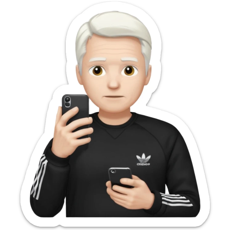 Hombre blanco con cabello blanco ropa negra Adidas y un teléfono en la mano derecha viéndolo sticker