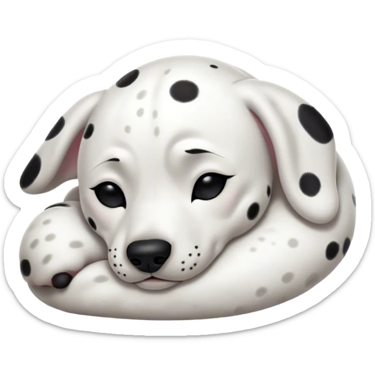 Cinematic Meme-Worthy cute Sleeping Dalmatian Portrait Emoji, Head resting peacefully with a contented smile, showcasing a delightfully cute build and a luxuriously soft white coat with bold black spots, eyes shut in a serene nap, Simplified yet hilariously adorable features, highly detailed, glowing with a soft, drowsy light, high shine, relaxed and utterly lovable, stylized with an air of playful laziness, bright and heartwarming, soft glowing outline, capturing the essence of a comically sleepy Dalmatian, so meme-worthy it feels like it could instantly become the next viral sensation of adorable slumber! sticker