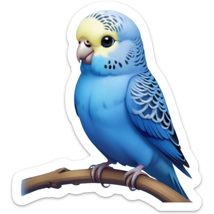 Cinematic Noble Blue Budgie Portrait Emoji, Poised and regal, with a petite, delicate build and a smooth, well-groomed fur of vibrant blue feathers, deep-set soulful dark eyes, Simplified yet sharp and sophisticated features, highly detailed, glowing with a soft, dignified glow, high shine, intelligent and charming, stylized with an air of elegance, focused and attentive, soft glowing outline, capturing the essence of a watchful and confident avian companion, so majestic it feels as though it could flutter out of the screen with effortless authority! sticker