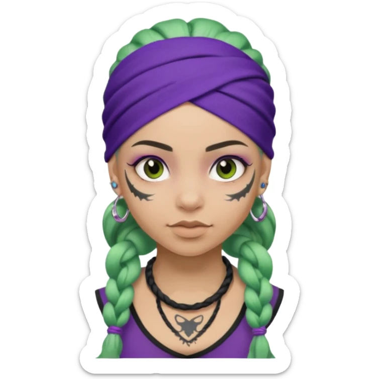 green braided hair with purple head bandana and lots of face tattoo girl sticker