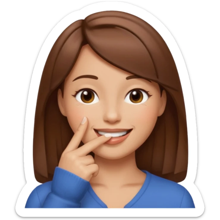 una mujer con un dedo en boca sonriendo y lps ojos en forma medio cerrados creando una curva de sonrisa pelo castaño sticker