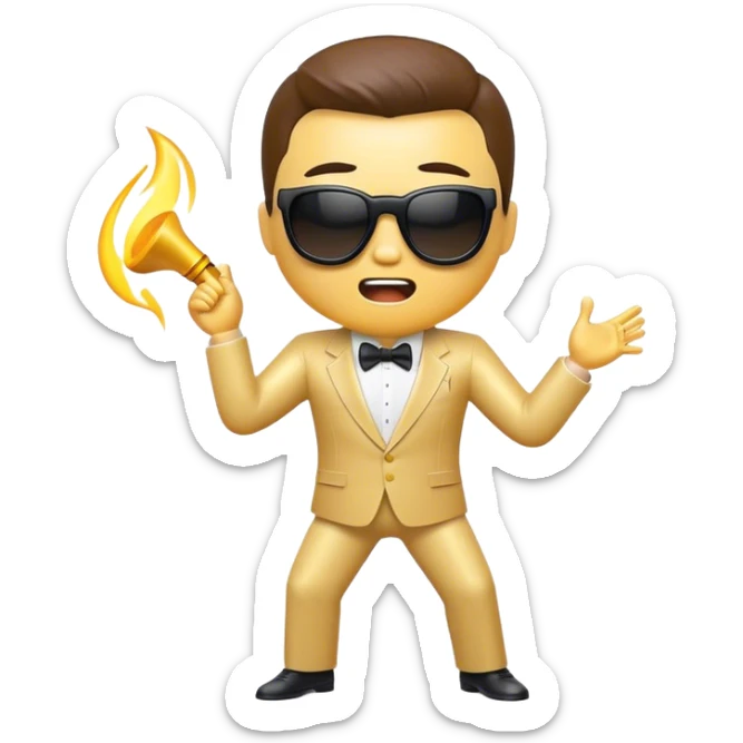 Cinematic Realistic Gangnam Style Pop Culture Emoji, showcasing a playful, iconic portrayal inspired by the hit song rendered with dynamic textures and fun, energetic lighting. sticker