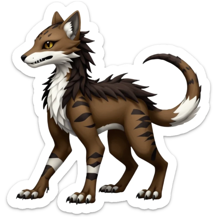 Brown and black and white fantasy feline-vernid-sergal-protogen-primagen-fursona animal creature with a tufted tail full body with intricate markings  sticker