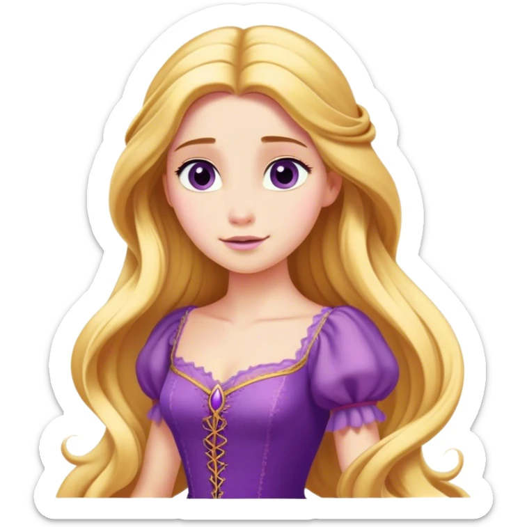 Cinematic Majestic Rapunzel Portrait Emoji, rendered in a clean, vector-style with bold, simplified shapes. Show Rapunzel with a serene, graceful expression, luminous fair skin, and elegantly styled long golden hair, accented by her classic purple gown. The design radiates a majestic, dreamlike glow with high shine and a soft glowing outline, embodying regal beauty. sticker