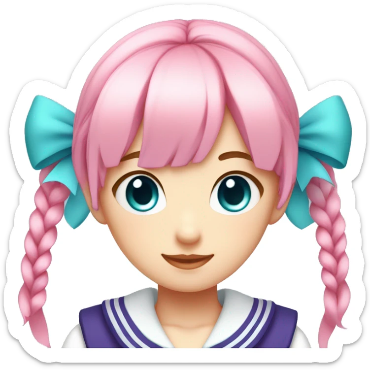 1 girl,light Pink hair, purple eyes,short high twintails with red hair ribbon,cyan blue  and white top Sailor uniform with cyan blue  sailor collar, sticker