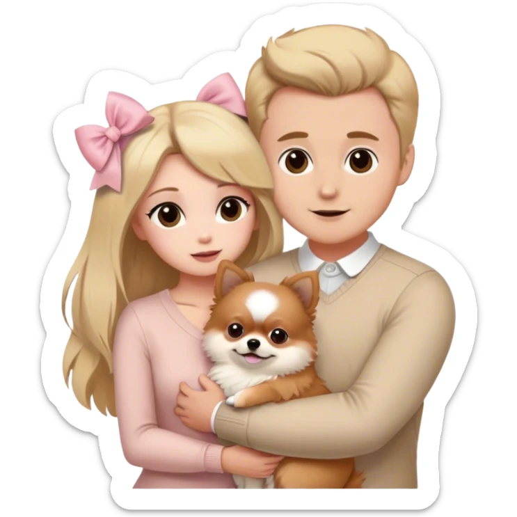 Blond girl with old money beige outfit white brown eye skin with husband brown hair brown eyes hugging white Pomeranian with light pink bow ponerania another pomerania red brown sticker