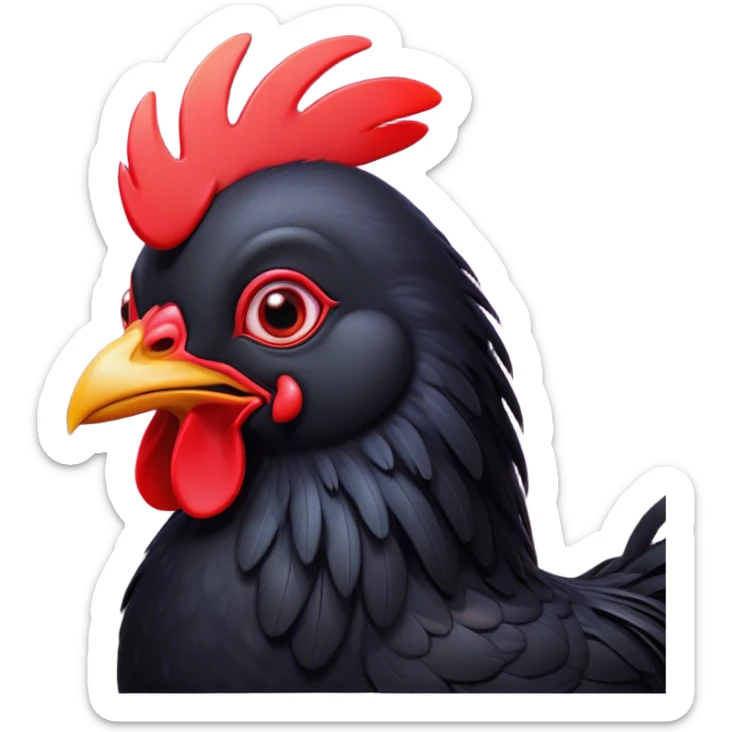 Cinematic Cute Black Chicken Portrait Emoji, Head tilted playfully and inquisitively, featuring sleek, lustrous black feathers and a vibrant red comb, round, sparkling beady eyes filled with curiosity, Simplified yet irresistibly adorable features, highly detailed, glowing with a warm, friendly glow, high shine, affectionate and lively, stylized with a touch of whimsical charm, bright and endearing, soft glowing outline, capturing the essence of a mischievous yet loving chicken, so playful it feels like it could peck out of the screen and into your arms! sticker