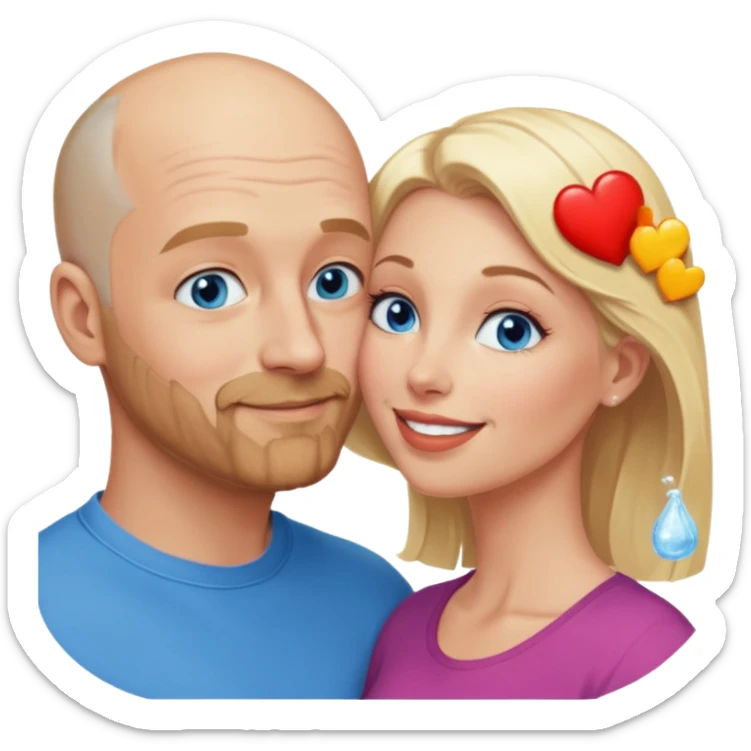 middle age bald man with salt and blonde scruff, blue eyes and blonde woman with blue eyes kissing each other sticker