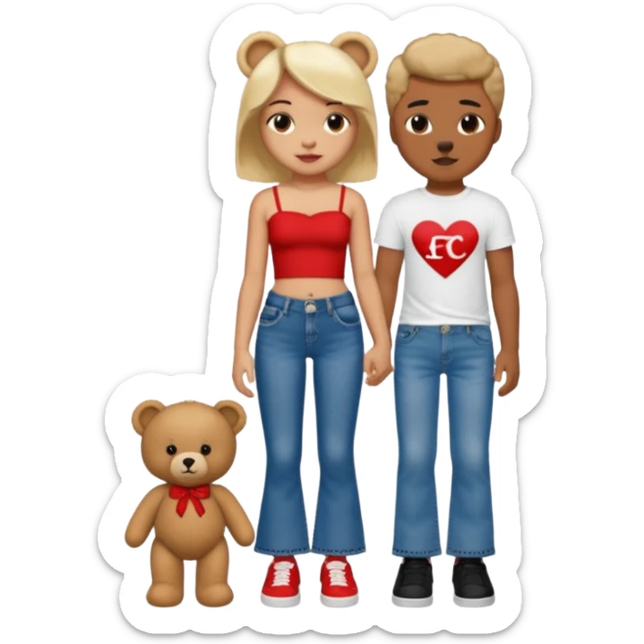 A boy and a girl teddy bear for the boy bear put on true religion shirt and jeans with black shoes and for the girl put flare jeans and a red tube top and white shoes just bears not the humans  sticker