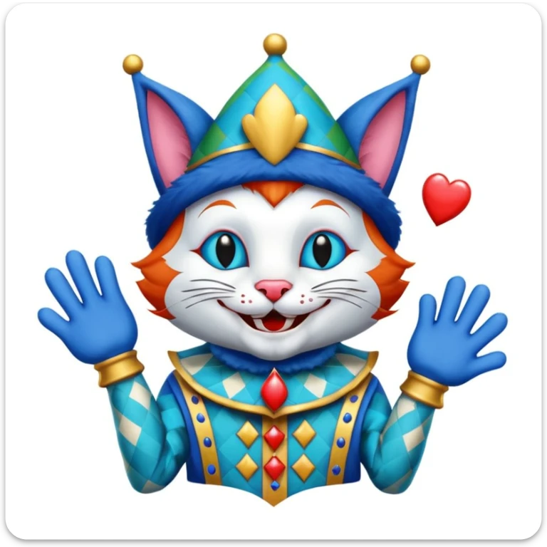 crazy colorful cute little cat jolly joker from poker, medieval, vintage, court jester, mac os squared icon, blue color sticker