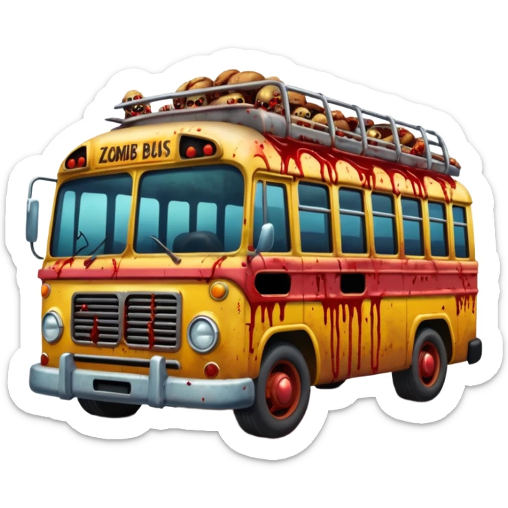 Zombie apocalypse bus..... in the style of your bleeding skull art. More blood and a zombies stuck to the grill that have ran over sticker