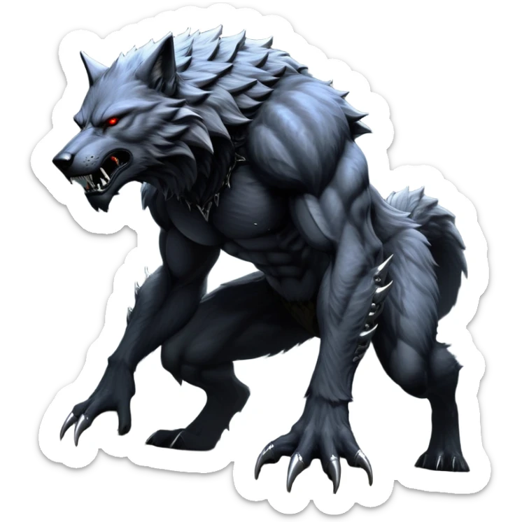 cinematic-noble-fierce-werewolf-full body on all fours-emoji, poised-and-imposing, with a tall, lean, and muscular wolfish frame inspired by the brutal, imposing shape of the beast from Berserk, fur rippling in shades of midnight black and silver, massive paws with razor-sharp claws, elongated limbs and fangs, eyes glowing with an intense, primal ferocity, reflecting the untamed power of the wild moonlit night; rendered with realism like a wolf hunched over battle ready pose ready to attack sticker