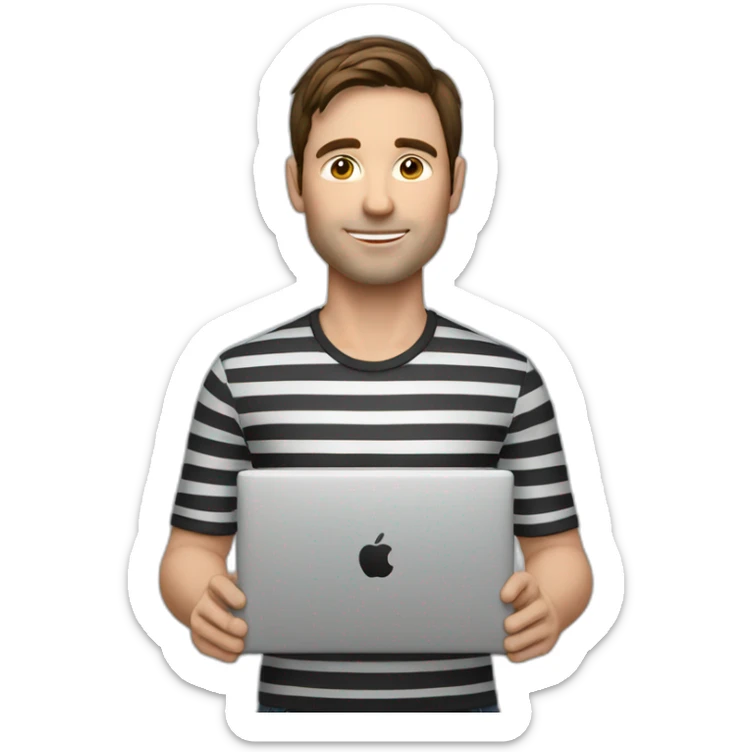 man with brown hair, striped shirt with black and white while holding laptop in front sticker