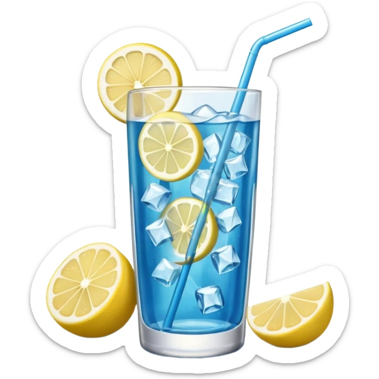 A tall glass of blue lagoon with lemon slices, ice cubes, and a curved straw.
 sticker