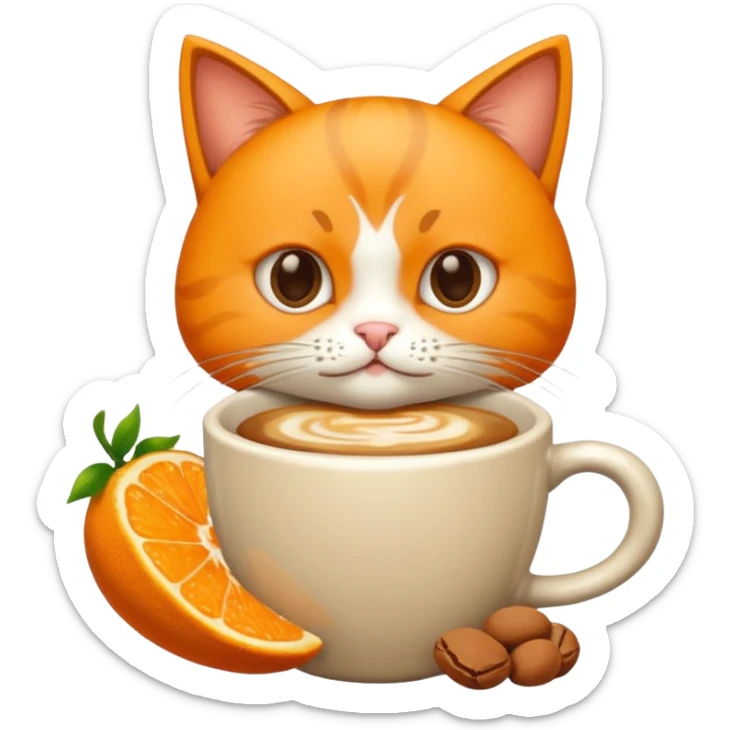 Gato naranja aún lado de un café frio tomando el popote con sus patitas sticker