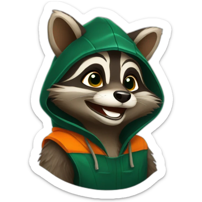 brown raccoon with orange eyes and a dark green hood that is laughing sticker