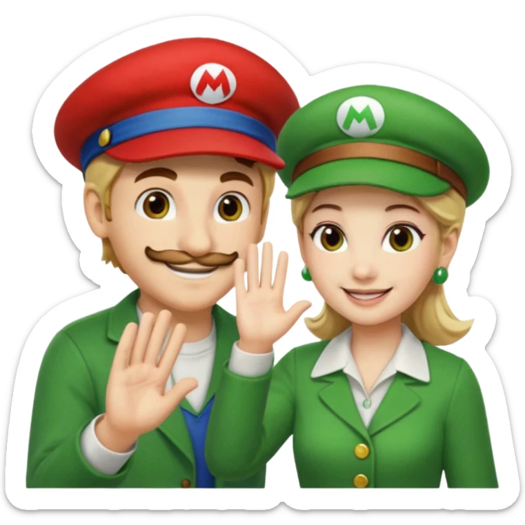 blonde female Luigi (with the Luigi green hat) and a normal brown hair male Mario with the red hat. They are friends! Maybe highfiving or just smiling sticker