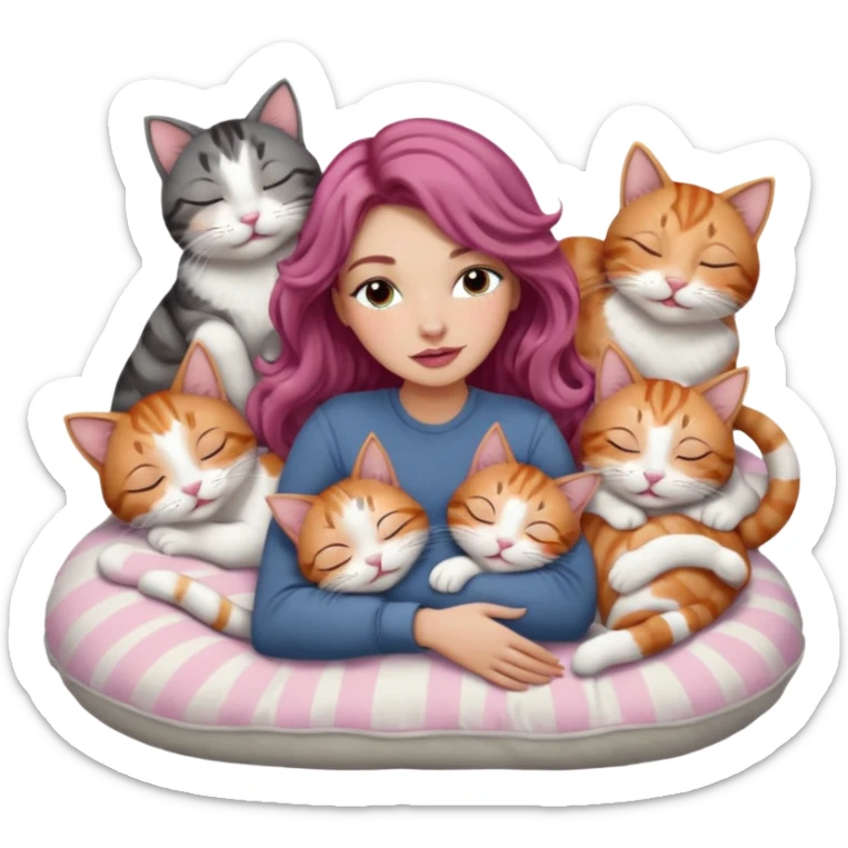 girl with long wavy brown hair, long lashes makeup, sexy pink lips, light to medium complexion,  sleeping on a cozy pillow, with 6 cats: 1 ginger/white, 1 grey with white paws, 1 calico, 2 grey and white and one tabby and white sticker