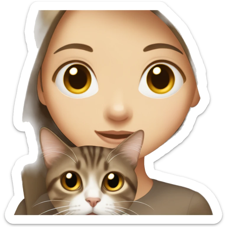 pale girl with long dark brown hair, holding a brown tabby cat sticker