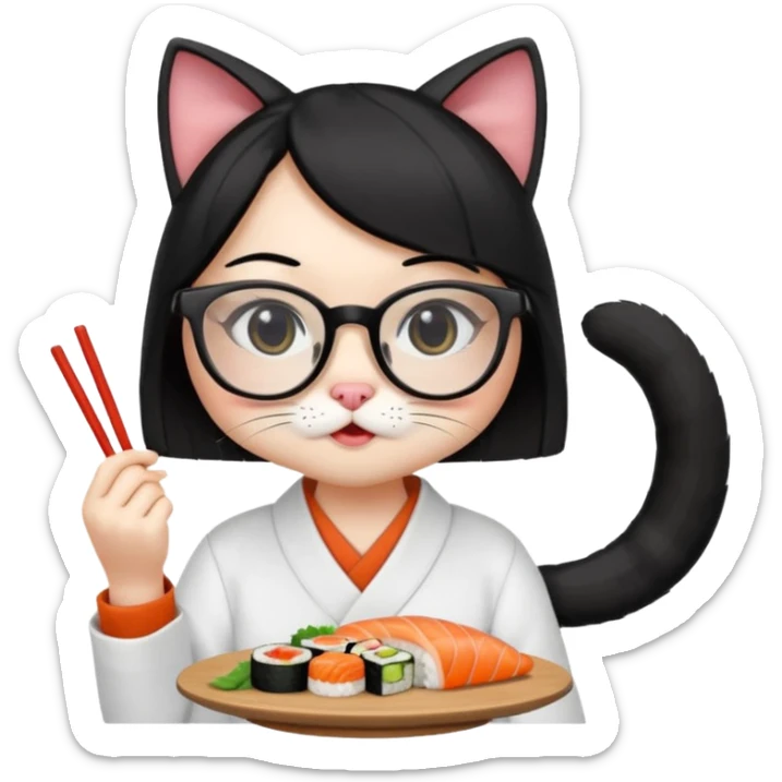 cute girl cat with straight hair and really big square glasses with super thin frames eating sushi sticker