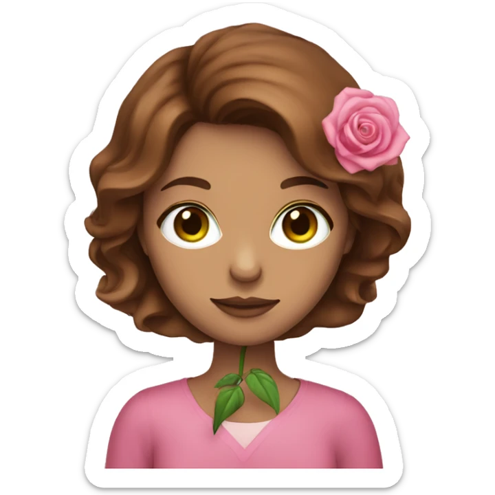 Green eyed brown hair woman holding pink rose sticker