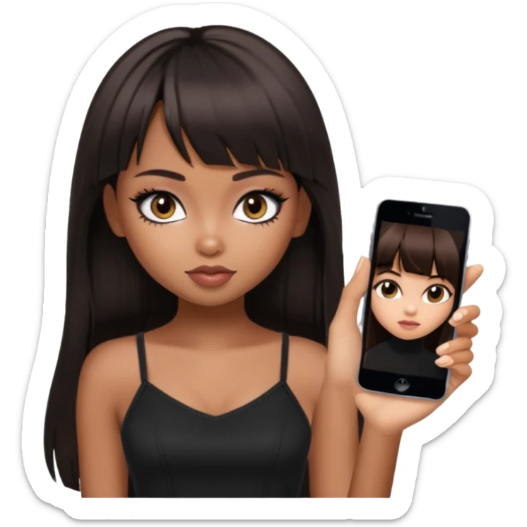 generate a pretty bratz girl in black cami top, dark brown straight long hair with bangs, eyeliner on, dark brown eyes sticker