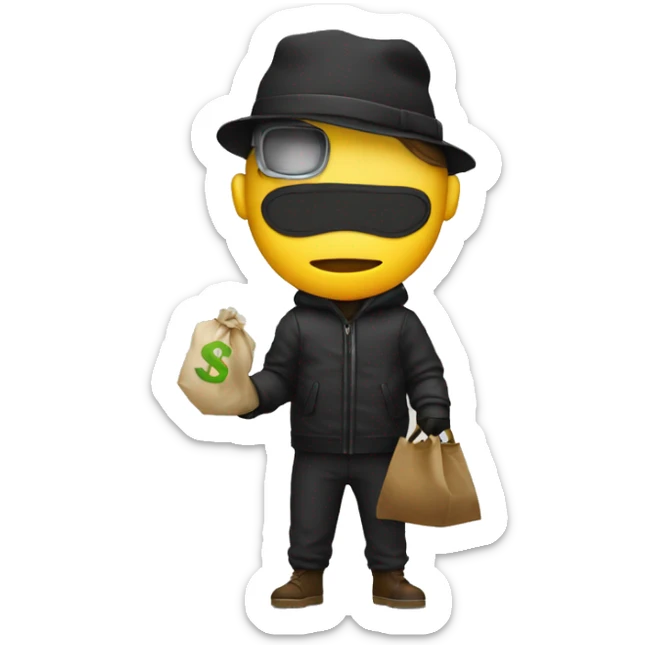 thief with a bag of a bank in his hand, mask and hat, almost medium body  sticker