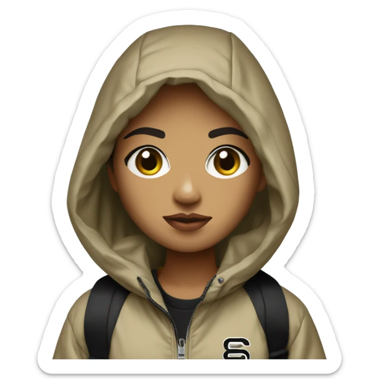 girl with light brown skin, short and black hair, black eyes in windbreaker “stussy” sticker