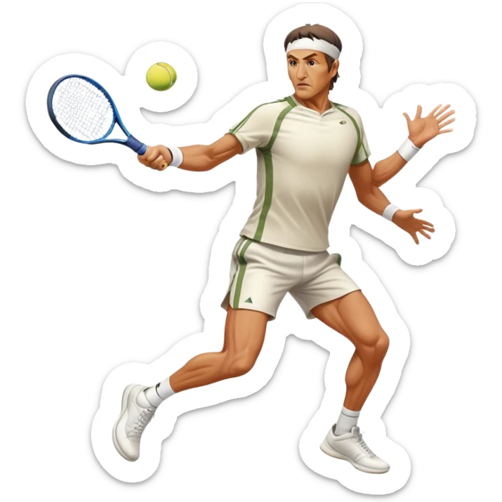 Cinematic Realistic portrait of Goran Ivanišević, depicted as an iconic tennis player in dynamic motion with detailed athletic gear and intense focus, illuminated by bold stadium lighting that accentuates his competitive spirit. sticker