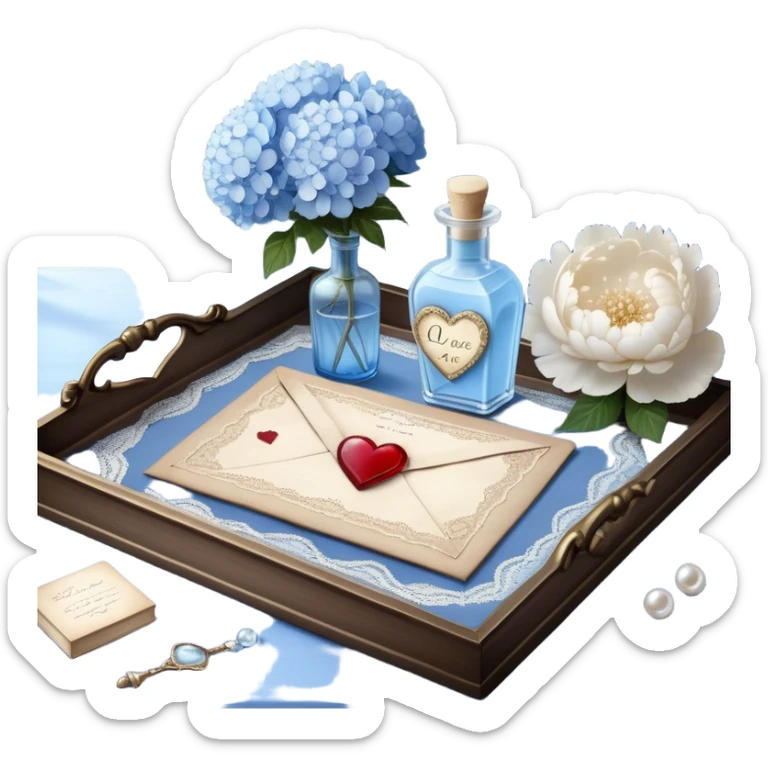 On a lace-trimmed tray rests an ornate glass bottle filled with a soft blue love potion, next to an aged love letter sealed with a wax heart. A delicate pearl butterfly gently perches on the edge of the envelope, while petals of white peonies and pale blue hydrangeas are scattered around. sticker