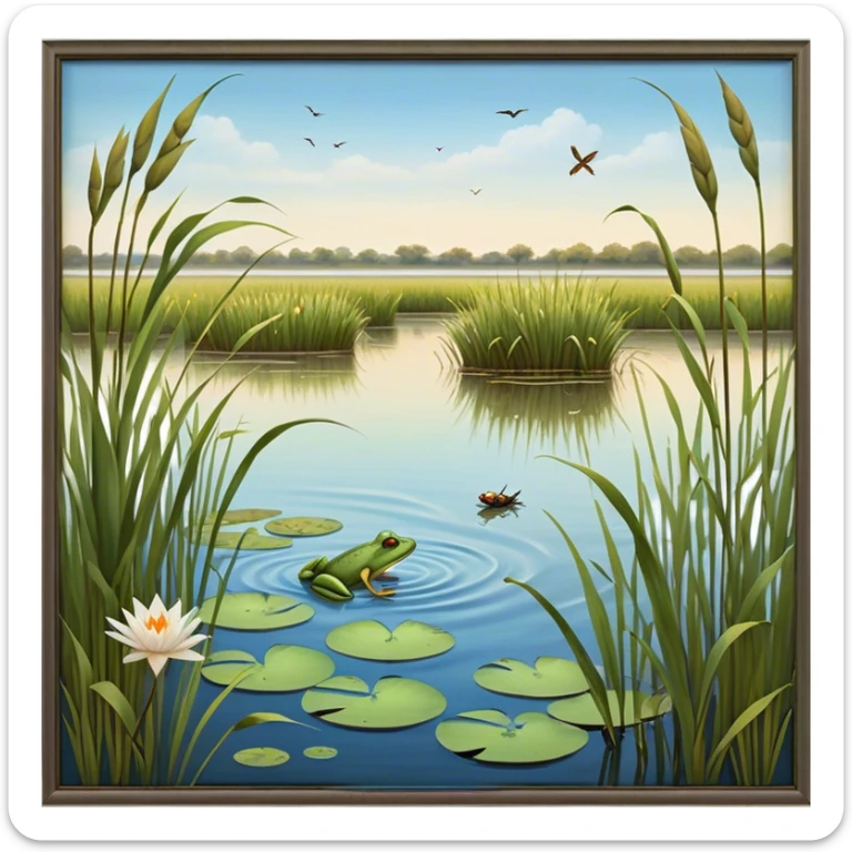 Cinematic Realistic Wetlands Emoji in a wooden frame, Peaceful and serene, with tall grasses swaying in the breeze and soft, muddy waters reflecting the sky above. Small birds and insects flit among the reeds while lily pads float lazily across the surface, punctuated by the occasional croak of a frog or splash of a fish. Soft glowing outline, capturing the essence of a calm, tranquil wetland brimming with life and natural beauty. sticker