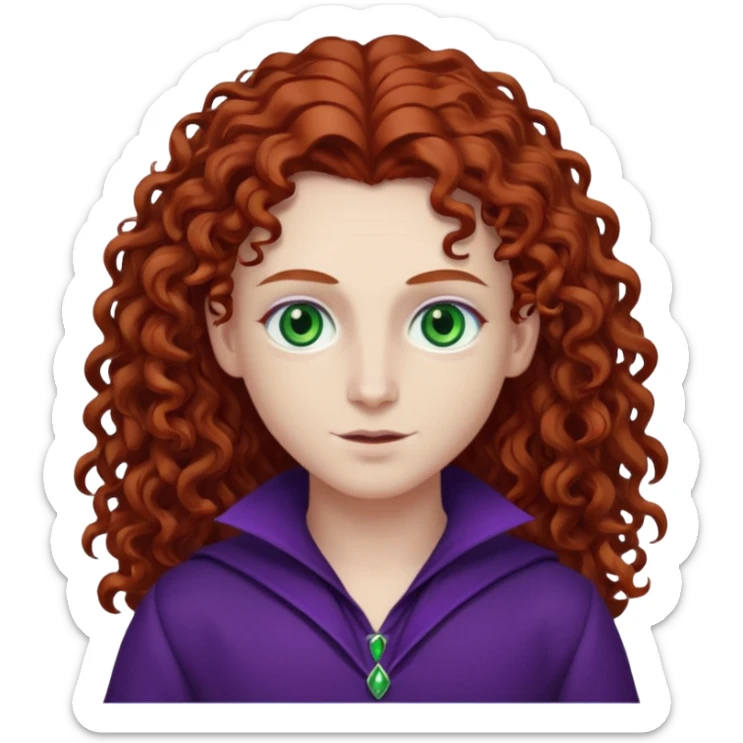 Armand with white skin, green eyes , long auburn curly hair, dark purple outfit sticker