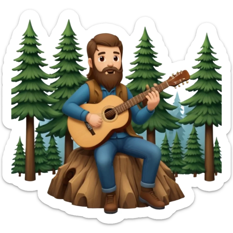 forest sticker character, bearded man with long brown hair playing acoustic guitar by pine trees sticker