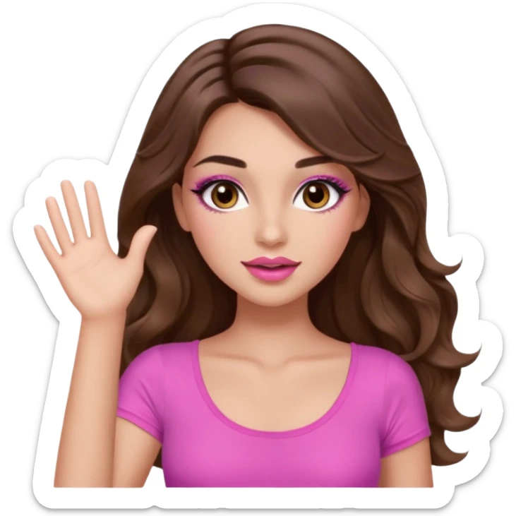 girl with long wavy brown hair, brown eyes, long lashes makeup, sexy pink lips, light to medium complexion, wearing a pink sexy top, one hand in the air high sticker