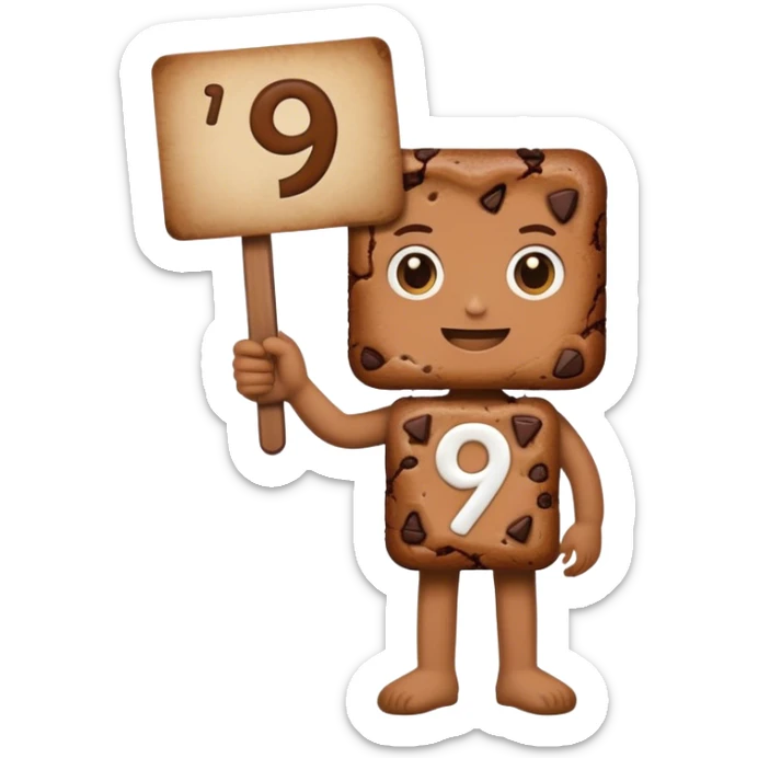 A food brownie holding up a sign with the number 9 on it sticker